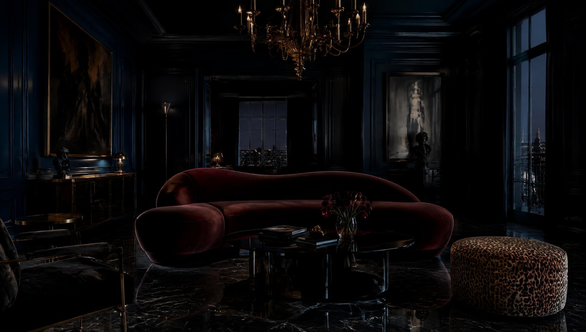 Midnight-blue salon with oxblood velvet sofa and leopard ottoman